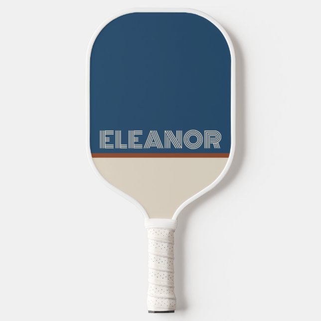Custom Name Navy & Beige Retro Line Font Aesthetic Pickleball Paddle (Front)