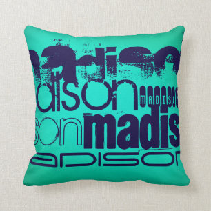 Custom Name; Navy Blue and Neon Aqua Turquoise Throw Pillow