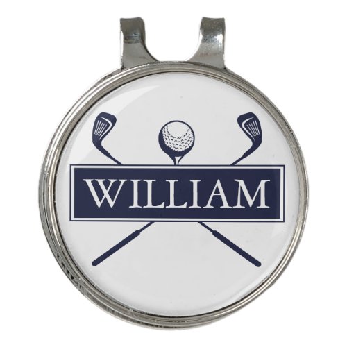 Custom Name Navy Blue Ball And Clubs Golf Hat Clip