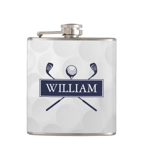 Custom Name Navy Blue Clubs And Ball Flask