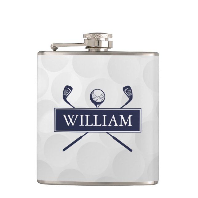 Custom Name Navy Blue Clubs And Ball Flask (Front)