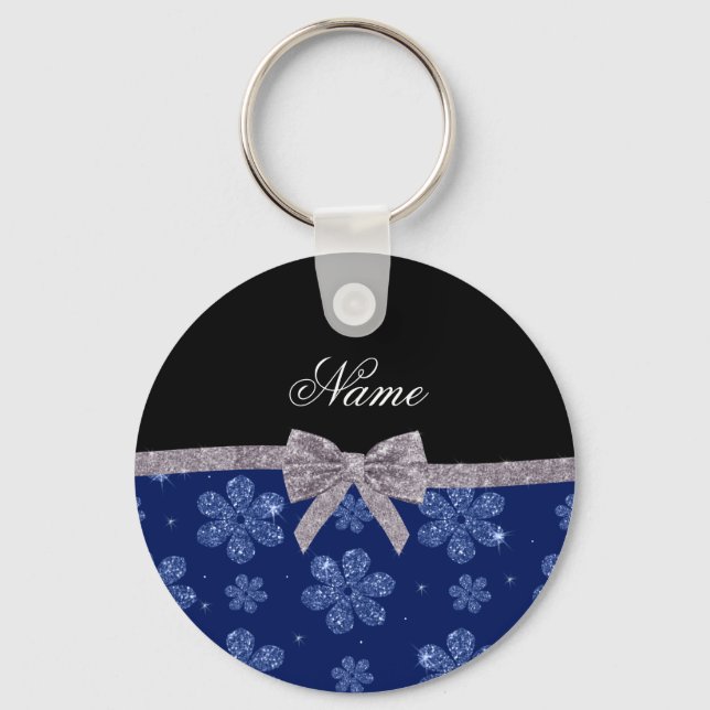 Custom name navy blue glitter flowers silver bow keychain (Front)