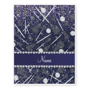 Custom name navy blue glitter lacrosse sticks temporary tattoos