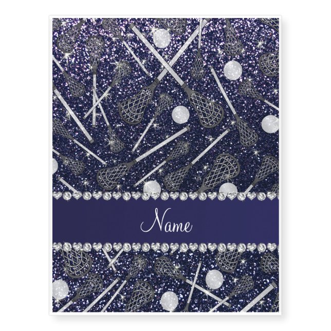 Custom name navy blue glitter lacrosse sticks temporary tattoos (Front)