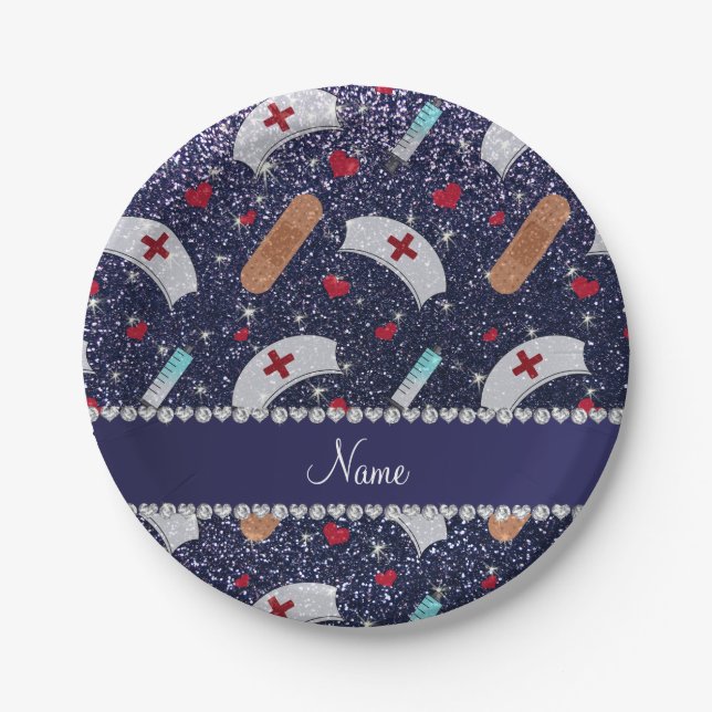 Custom name navy blue glitter nurse hats heart paper plates (Front)