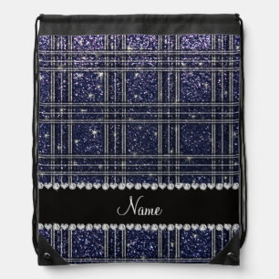 Custom name navy blue glitter plaid drawstring bag