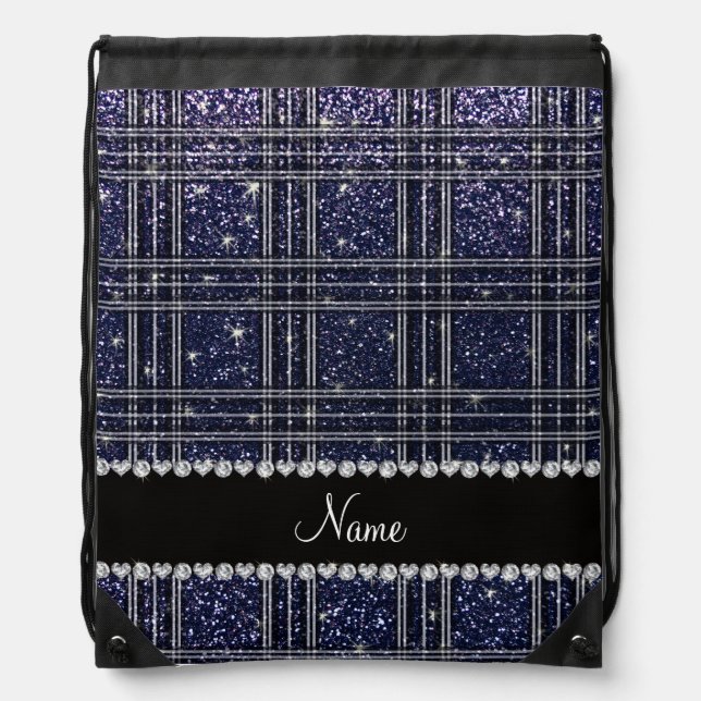 Custom name navy blue glitter plaid drawstring bag (Front)