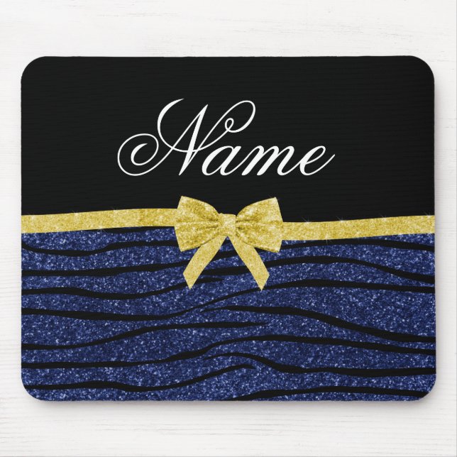 Custom name navy blue glitter zebra stripes bow mouse pad (Front)