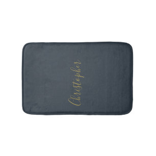 Custom Name Navy Blue Gold Script Minimalist Men Bath Mat