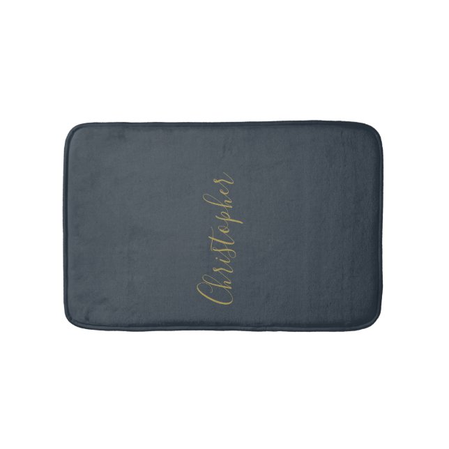 Custom Name Navy Blue Gold Script  Minimalist Men  Bath Mat (Front)