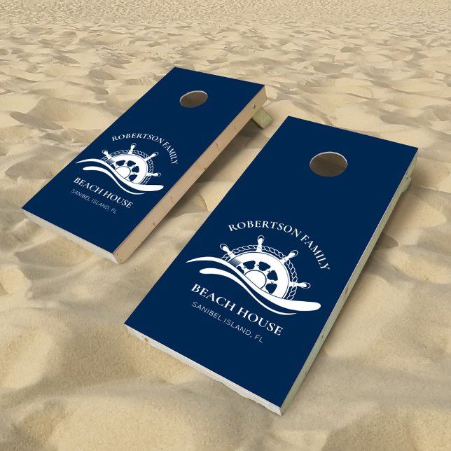 Custom Name Navy Blue Nautical Beach House Cornhole Set (Creator Uploaded)