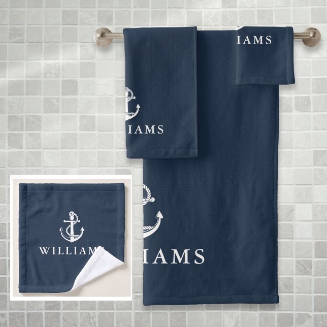 Custom Name Navy Blue Nautical Boat Anchor Bath Towel Set (Custom Name Navy Blue Nautical Boat Anchor Bath Towel Set)