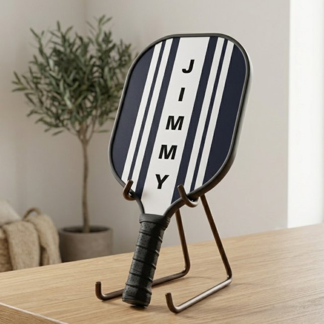Custom Name Navy Blue Stripes Carbon Fiber Pickleball Paddle (Creator Uploaded)