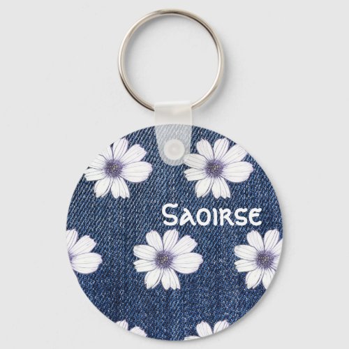 Custom Name Navy flower pattern Button Key Ring