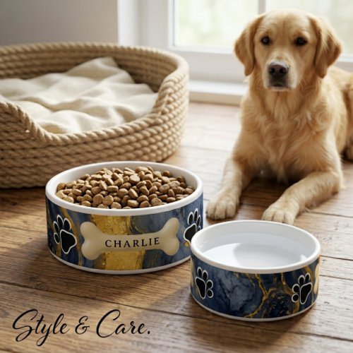 Custom Name Navy Gold Abstract Art Unique Stylish Bowl