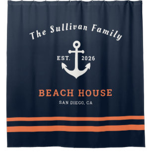 Custom Name Navy Orange Anchor Beach House Shower Curtain