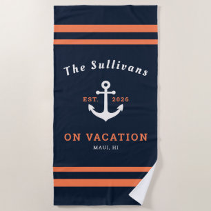 Custom Name Navy Orange Anchor Family Vacation Beach Towel