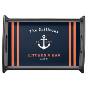 Custom Name Navy Orange Anchor Kitchen Bar Home Serving Tray