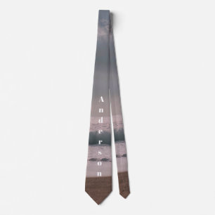 Custom Name Neck Tie with seashore beach backdrop