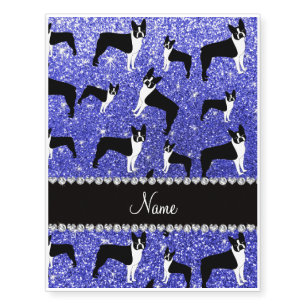 Custom name neon blue glitter boston terrier temporary tattoos