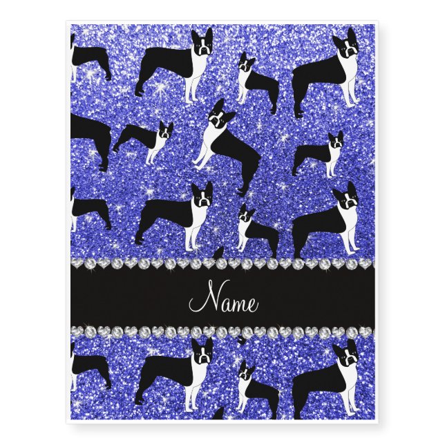 Custom name neon blue glitter boston terrier temporary tattoos (Front)