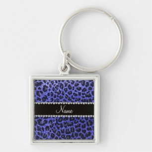 Custom name neon blue glitter leopard print keychain