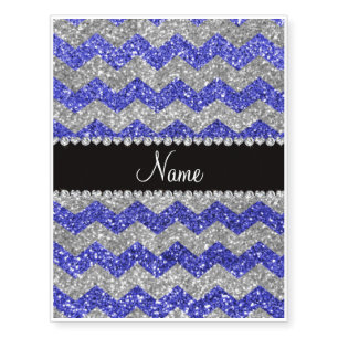 Custom name neon blue silver glitter chevrons temporary tattoos