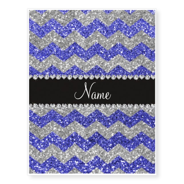 Custom name neon blue silver glitter chevrons temporary tattoos (Front)