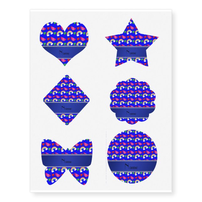 Custom name neon blue watermelons rainbows hearts temporary tattoos (Front)
