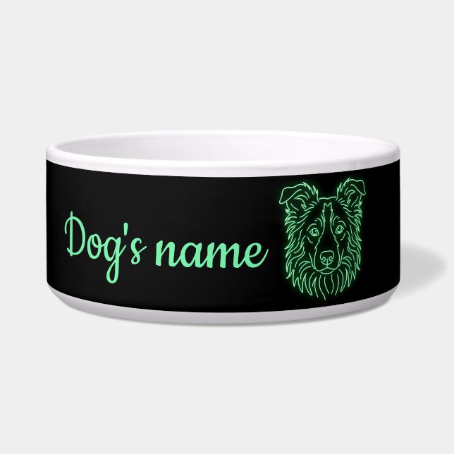 Custom Name Neon Border Collie Glow Bowl (Front)