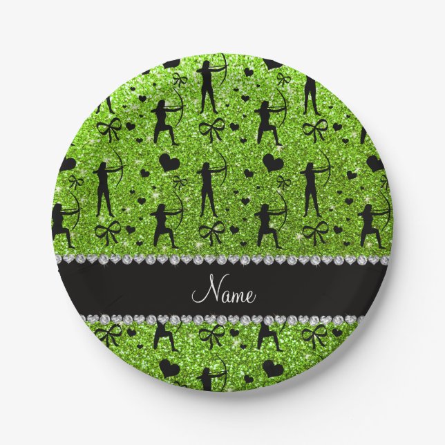 Custom name neon green glitter archery paper plates (Front)