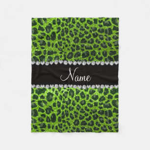 Custom name neon green glitter leopard print fleece blanket