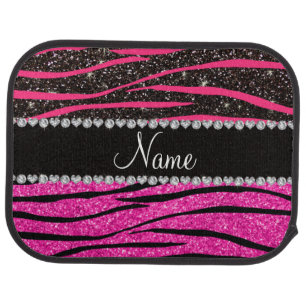 Custom name neon hot pink and black zebra stripes car floor mat
