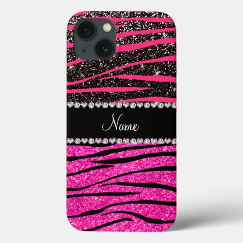 Custom name neon hot pink and black zebra stripes iPhone 13 case