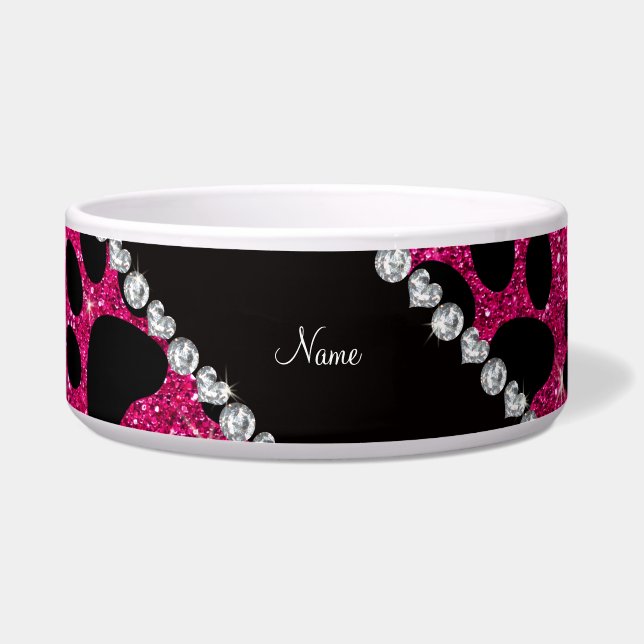 Custom name neon hot pink glitter black dog paws bowl (Front)