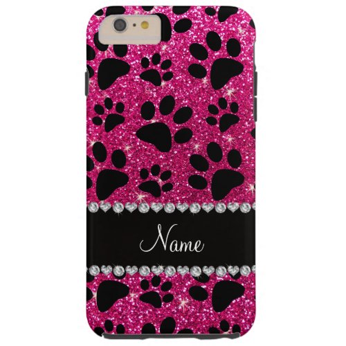 Custom name neon hot pink glitter black dog paws tough iPhone 6 plus case