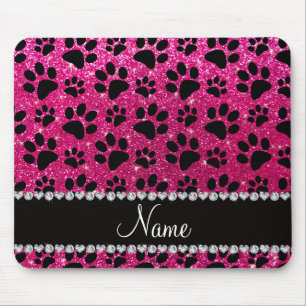 Custom name neon hot pink glitter black dog paws mouse pad