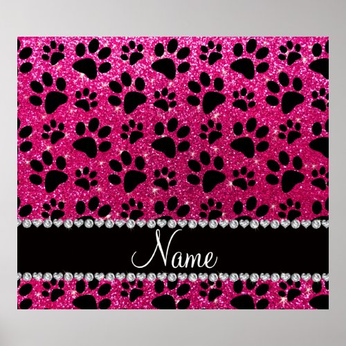 Custom name neon hot pink glitter black dog paws poster