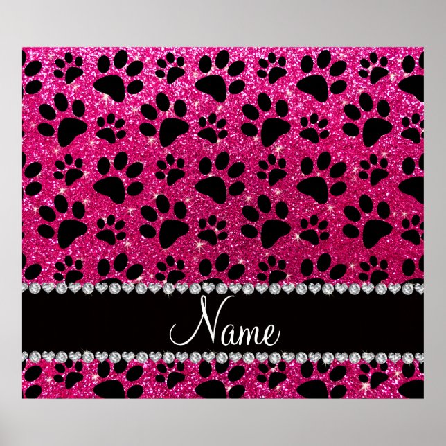 Custom name neon hot pink glitter black dog paws poster (Front)