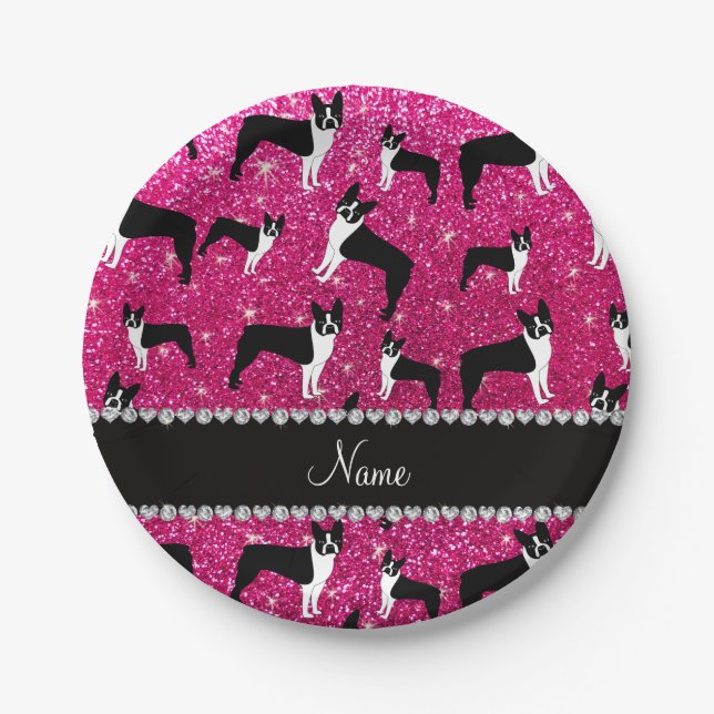 Custom name neon hot pink glitter boston terrier paper plates (Front)