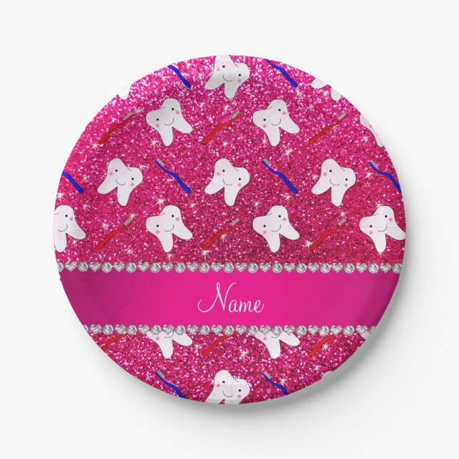 Custom name neon hot pink glitter brushes tooth paper plates (Front)