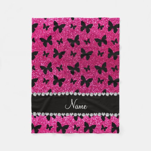 Custom name neon hot pink glitter butterflies fleece blanket