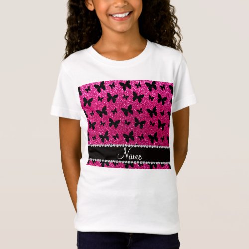 Custom name neon hot pink glitter butterflies T_Shirt