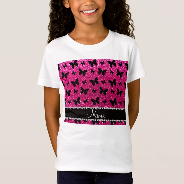 Custom name neon hot pink glitter butterflies T-Shirt (Front)