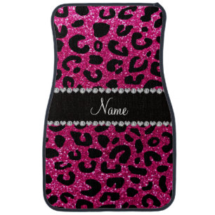 Custom name neon hot pink glitter cheetah print car mat
