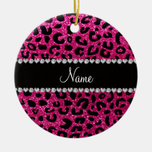 Custom name neon hot pink glitter cheetah print ceramic ornament