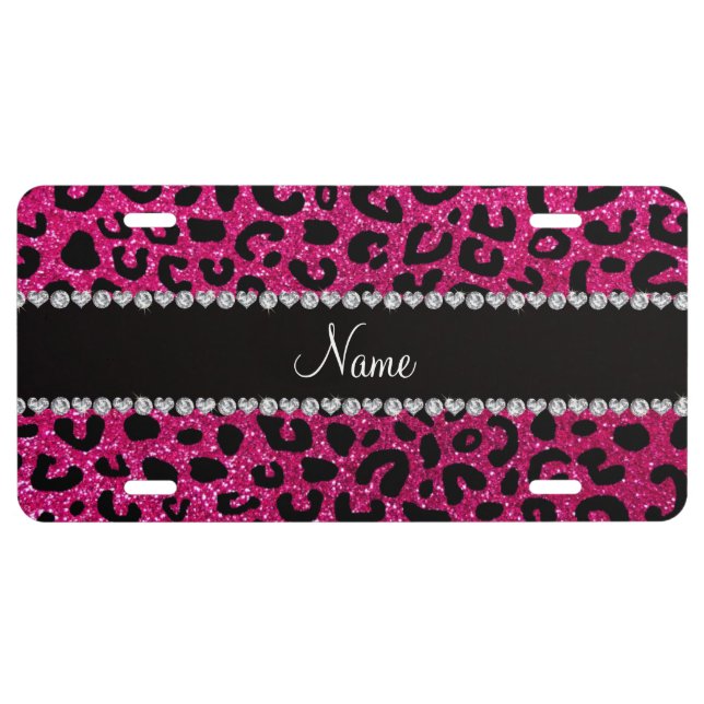 Custom name neon hot pink glitter cheetah print license plate (Front)