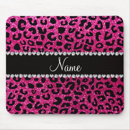 Custom Name Neon Hot Pink Glitter Cheetah Print Mouse Pad