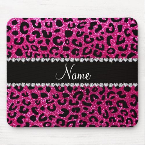 Custom name neon hot pink glitter cheetah print mouse pad