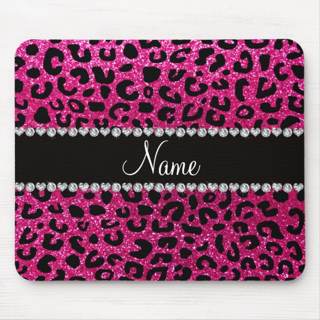 Custom name neon hot pink glitter cheetah print mouse pad (Front)